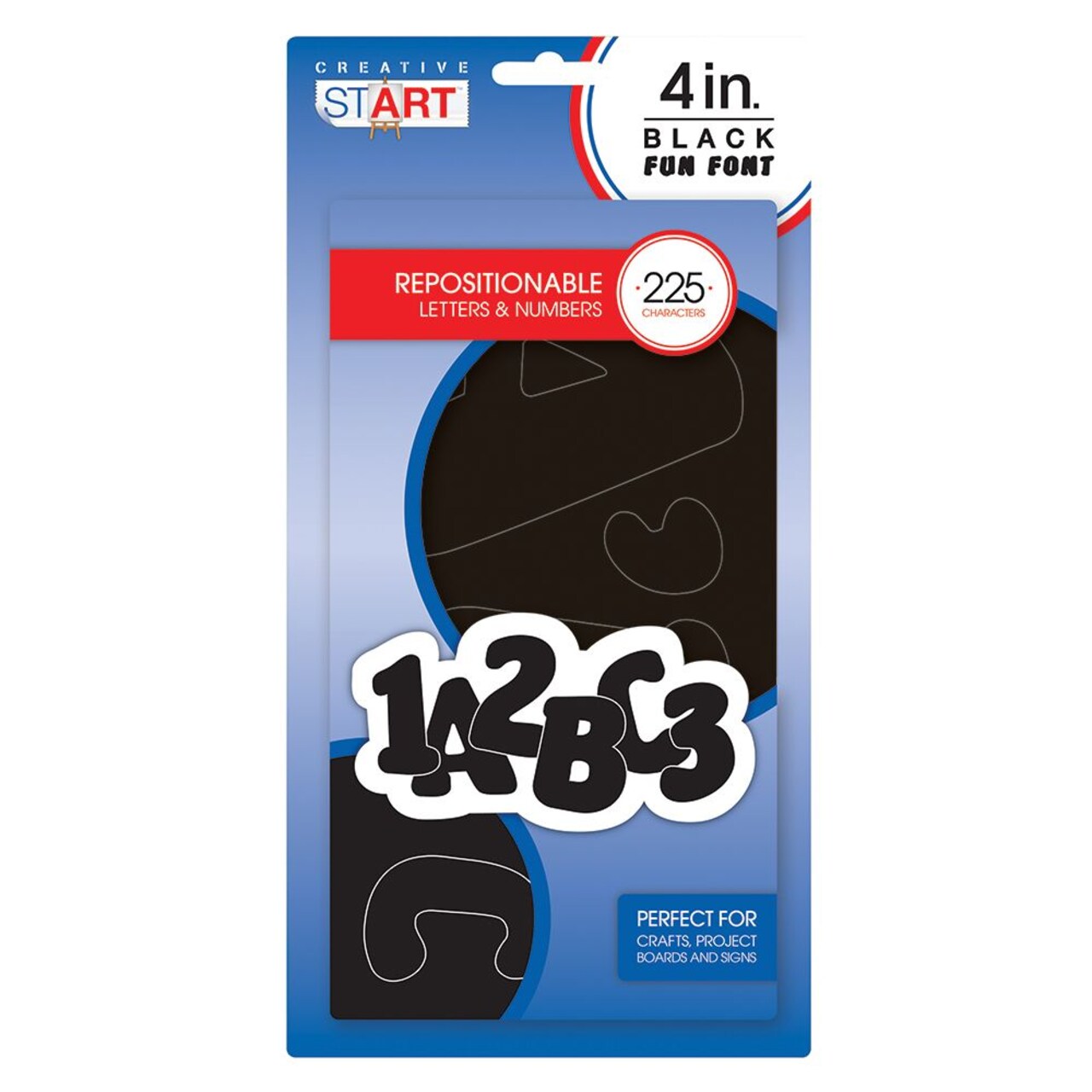 Creative Start Vinyl Repositionable Self-Adhesive Letters and Numbers, 4", Fun Font, Black, 225 count